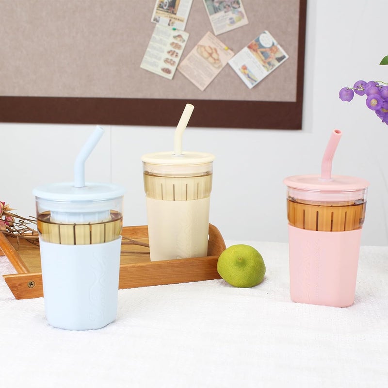 wangsdjy 15oz Glass Tumbler With Straw and Lid - Iced Coffee Cup, Smoothie Cup with Silicone Sleeve and Tea Strainer, Glass Tumbler for Smoothies, Flower tea, Coffee, Juices (Yellow) - Image 2